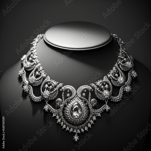 Necklace made of white gold with diamonds on a stand in the dark room, luxury jewelry, AI generated image.