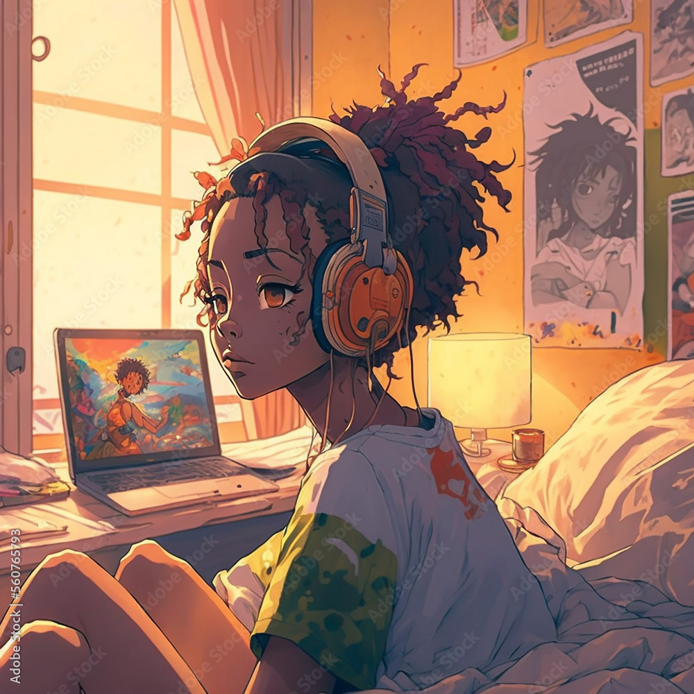 African Lofi Anime Girl Stock Illustration | Adobe Stock