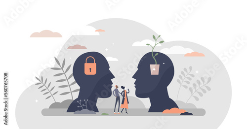 Fixed vs growth mindset with open or locked personality tiny person concept, transparent background. Compared psychological types in symbolic visualization.