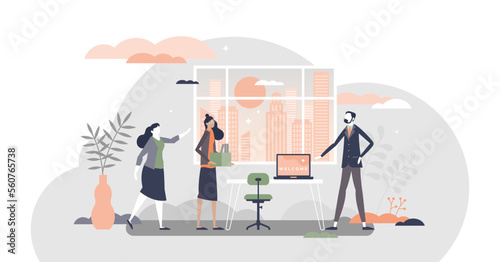 HR employee onboarding with introduction and integration tiny persons concept, transparent background. Work explanation and welcome at first day at new work process illustration.