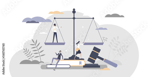 Law as jurisprudence knowledge study and judge occupation tiny person concept, transparent background. Decision verdict with symbolic gavel as authority right for judgment illustration. photo