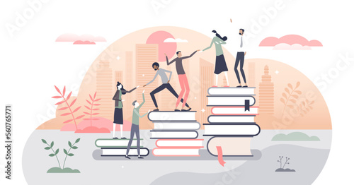 Learning progress as horizon expansion from book reading tiny person concept, transparent background. Knowledge gain with academic studying and cognitive academic research illustration. photo