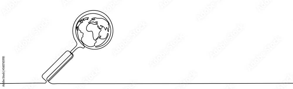 Continuous one line drawing of world planet with looking glass search icon. Exploring planet earth. Drawing of magnifier Continuous one line drawing of world planet with looking glass search icon. Exploring planet earth. Drawing of magnifier