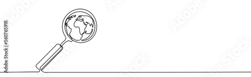 Continuous one line drawing of world planet with looking glass search icon. Exploring planet earth. Drawing of magnifier