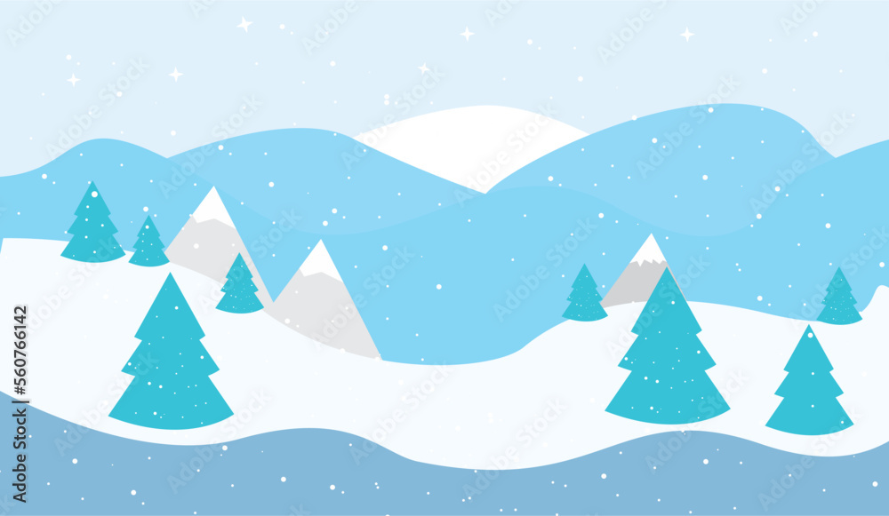 Illustration: Cartoon winter snowy mountain landscape with pine trees and hills.