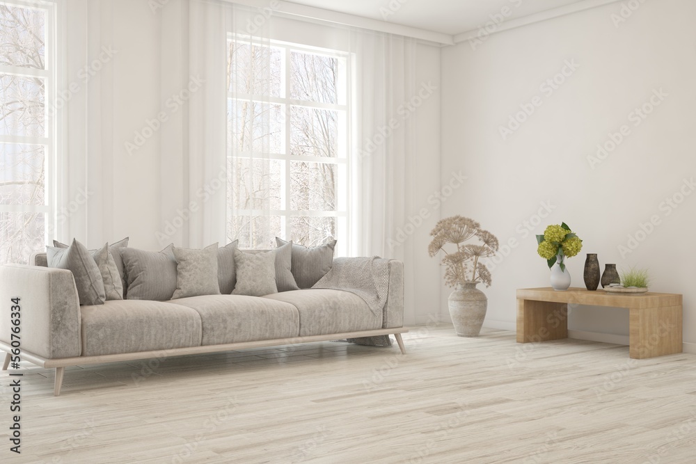 Fototapeta premium White living room with sofa. Scandinavian interior design. 3D illustration