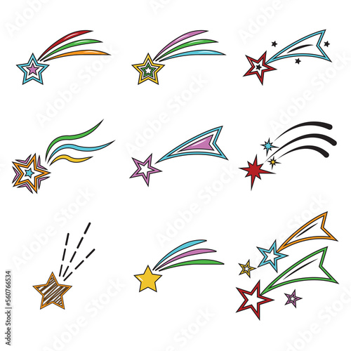 A set of cartoon colorful vector illustrations of stars, comet, salute, fireworks, isolated on a white background.