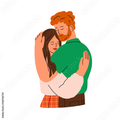 Romantic man and woman hugging. Happy young couple in love relationship. Two people valentines embracing. Affection, tenderness concept. Flat graphic vector illustration isolated on white background