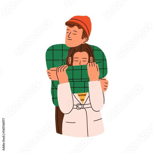 Love couple hugging. Man embracing young woman, standing behind her. Enamored...