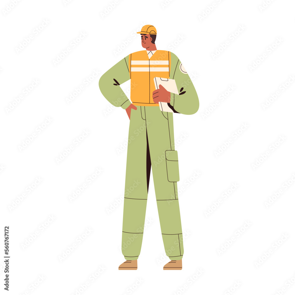Engineer, industrial worker in helmet and uniform. Factory foreman holding manufacturing documents. Industry employee, master in hardhat. Flat vector illustration isolated on white background Engineer, industrial worker in helmet and uniform. Factory foreman holding manufacturing documents. Industry employee, master in hardhat. Flat vector illustration isolated on white background