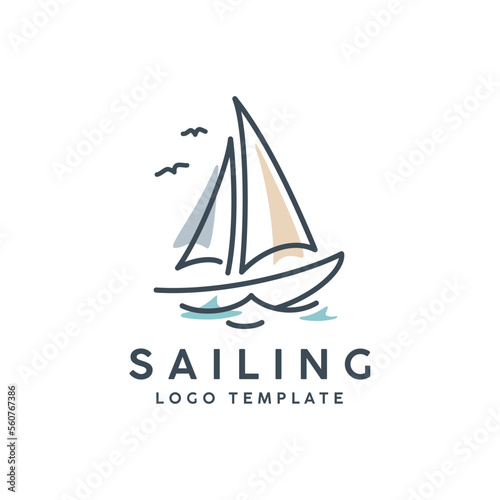Simple Sailboat dhow sailing boat ship on Sea Ocean Wave with line art style logo design 