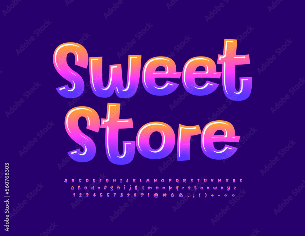 Vector glossy sign Sweet Store. Funny handwritten Font. Playful style Alphabet Letters and Numbers