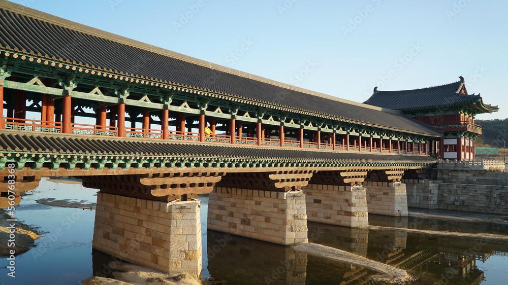 Woljeonggyo Bridge in the afternoon.The lost wooden bridge was reconstructed based on historical records and historical research. Woljeonggyo Bridge in the afternoon.The lost wooden bridge was reconstructed based on historical records and historical research.