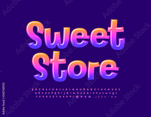 Vector glossy sign Sweet Store. Funny handwritten Font. Playful style Alphabet Letters and Numbers