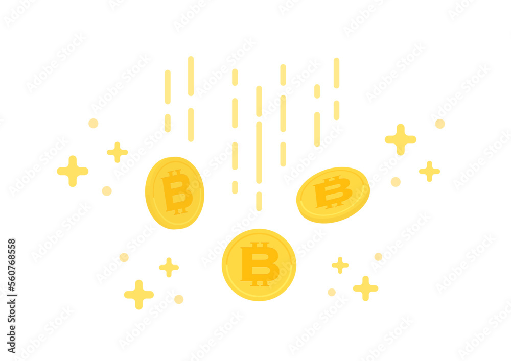 キラキラ光る仮想通貨･ビットコインのマーク入りの落ちるコイン - 利益･儲かるイメージの素材
