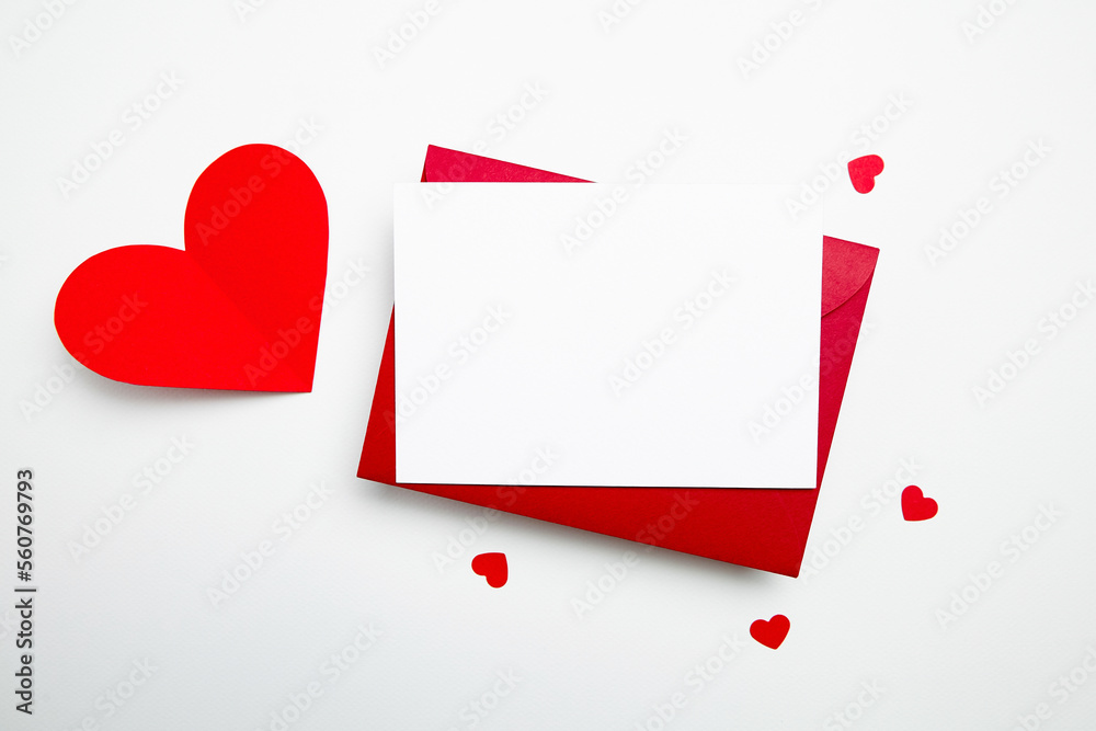 Valentine Day card mockup with hearts and red envelope on white background, top view, flat lay. Blank wedding invitation, flyer, greeting card mockup with holiday decor. Empty love letter Valentine Day card mockup with hearts and red envelope on white background, top view, flat lay. Blank wedding invitation, flyer, greeting card mockup with holiday decor. Empty love letter