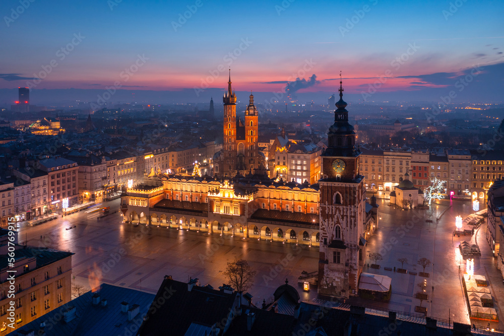 Old town of Krakow with amazing architecture at dawn, Poland.