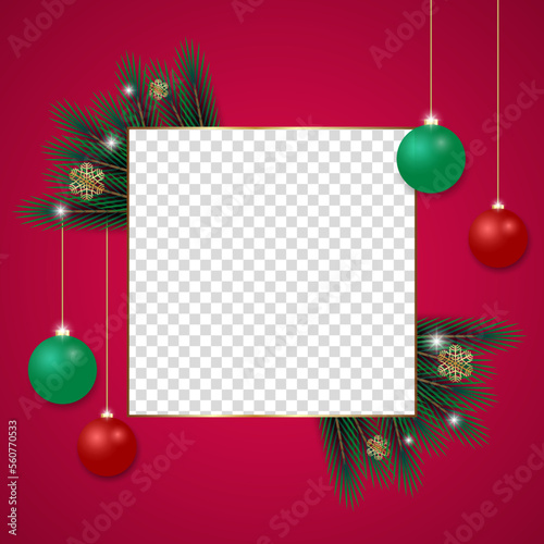 Christmas photo frame Christmas leaf golden snowflakes Christmas balls and Christmas lights