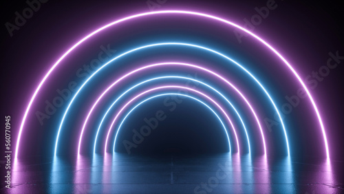 Fototapeta Naklejka Na Ścianę i Meble -  Abstract circular neon lines on the floor with reflection forming a tunnel beautiful photo wallpaper - 3D Illustration