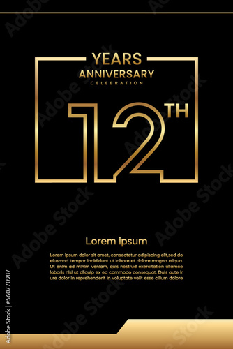 12th Anniversary template design with gold color for celebration event, invitation, banner, poster, flyer, greeting card, book cover. Vector Template