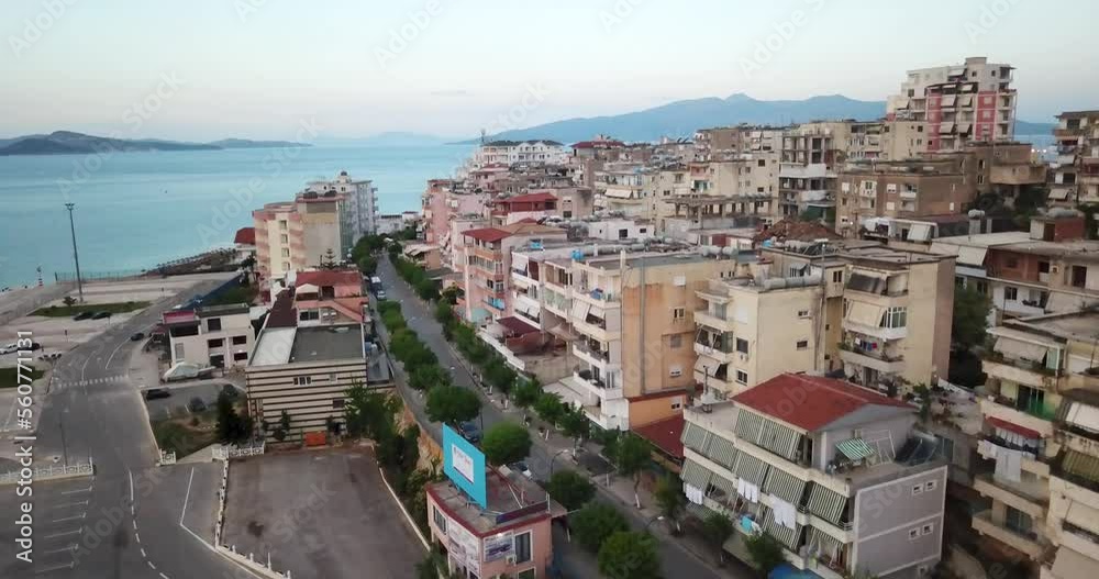 Drone shot of worn down single family apartments off the coast of Albania. Drone shot of worn down single family apartments off the coast of Albania.