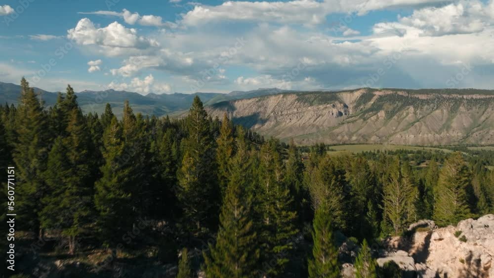 Aerial drone flying through tall green trees and rocky hills to reveal vast Montana mountain range Aerial drone flying through tall green trees and rocky hills to reveal vast Montana mountain range