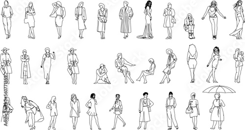 set of collection of vector sketch designs detailed illustrations of people doing activities