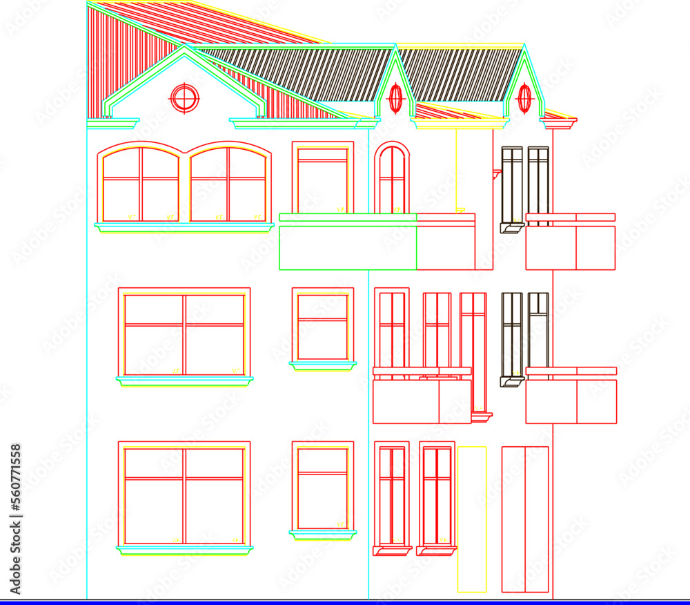 multi-storey classic villa house colored vector illustration sketch design