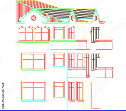 multi-storey classic villa house colored vector illustration sketch design