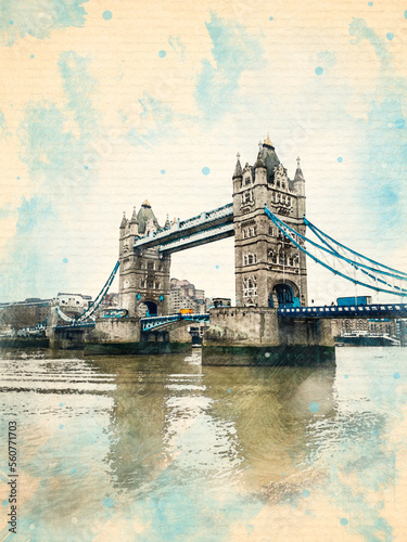 London Tower Bridge night evening city watercolor pattern travel colorful illustration