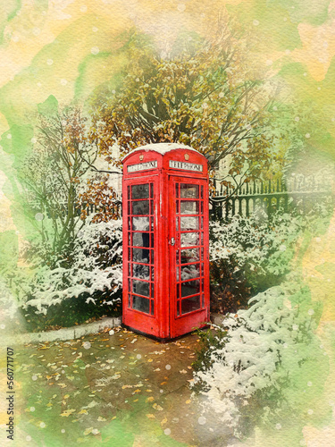 London red telephone booth city watercolor pattern travel colorful illustration