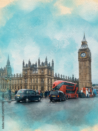 London Big Ben watercolor pattern travel colorful illustration