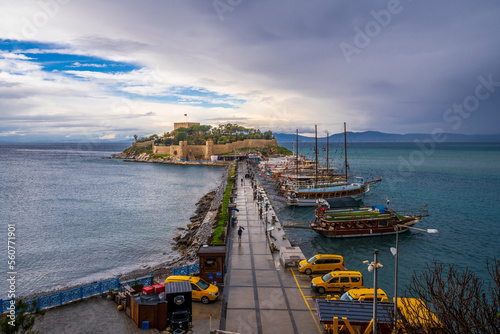The road goes to Pigeon Island in Kusadasi. Kusadasi is a popular tourist destination in Turkey. 