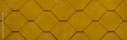 Abstract seamless yellow colored painted colorful color geometric rhombus diamond hexagon 3d concrete cement tiles wall texture background banner wide panorama panoramic