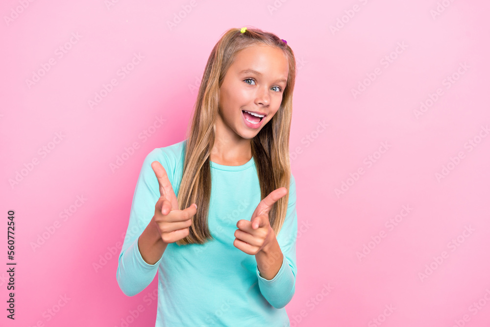Photo of preteen youngster schoolkid girl excited positive mood fingers pointing pick you cute pretty cool isolated on bright pink color background Photo of preteen youngster schoolkid girl excited positive mood fingers pointing pick you cute pretty cool isolated on bright pink color background