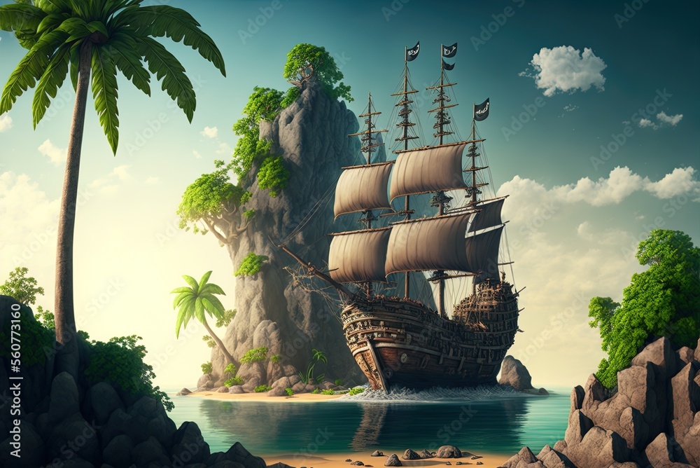 Fototapeta premium a filibuster boat in the tropics with a pirate ship. Generative AI