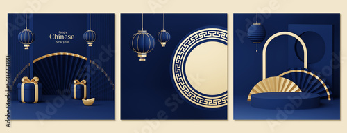 Set of blue Chinese New Year celebrations , Festive gift card templates with realistic 3D design elements, holiday banners, web posters, flyers, and brochures, greeting cards . 3D Rendering