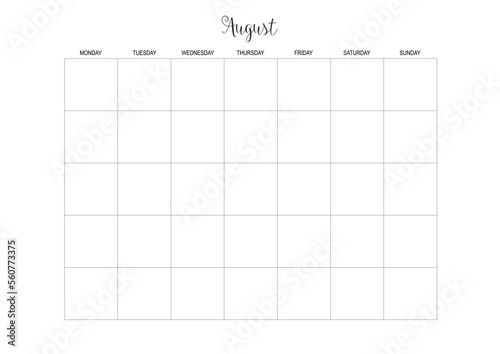 August calendar, Monthly Planner Calendar, KDP Interior, To Do Planner, Vector PDF, Blank Calendar