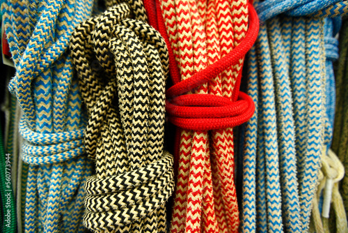 Ropes from the trimaran Sodebo in a shed during a refit after an attempt around the world, in Saint Philibert, Brittany, France.