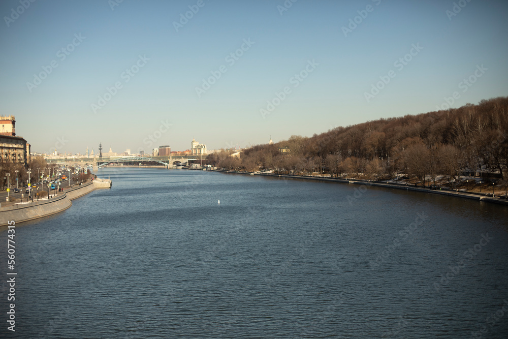 Moscow River view from above. Big River in Capital of Russia. View of water.