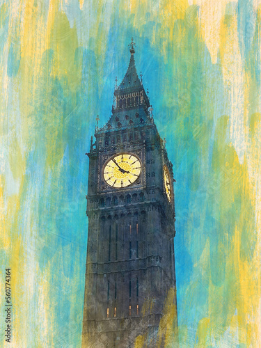 London Big Ben night evening city watercolor pattern travel colorful illustration