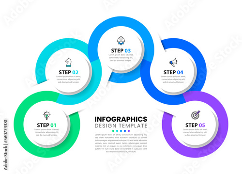 Infographic template. 5 connected circles with text and icons