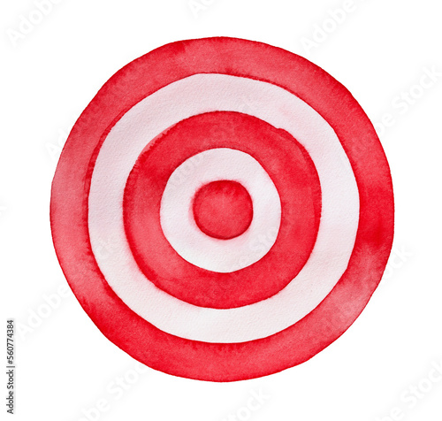 Watercolour illustration of red and white shooting target. Symbol of achieving goal, mission, destination, purpose. Hand painted water color graphic drawing, cut out clip art element for design.
