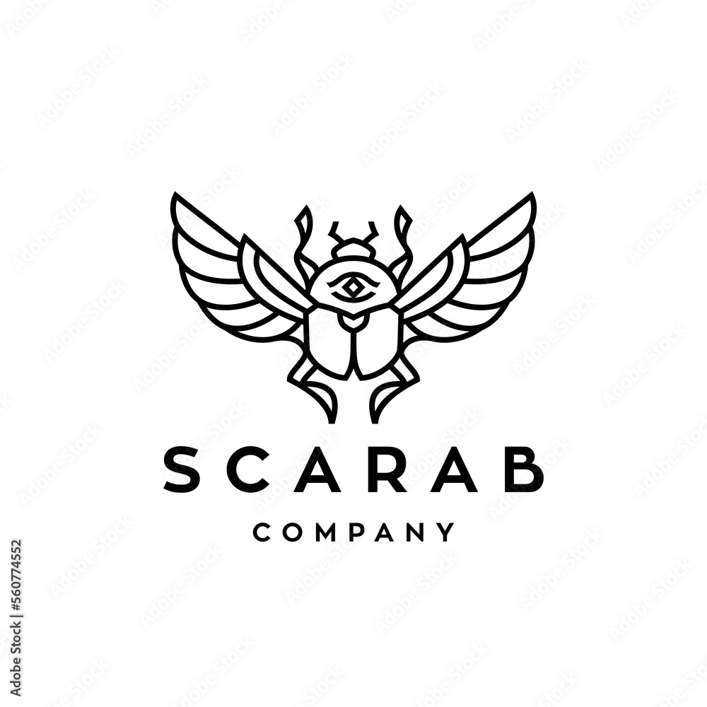 Obraz premium Vector drawing icon of Egyptian scarab beetle, personifying the god Khepri. Icon isolated on white background illustration. Symbol of the ancient Egyptians.
