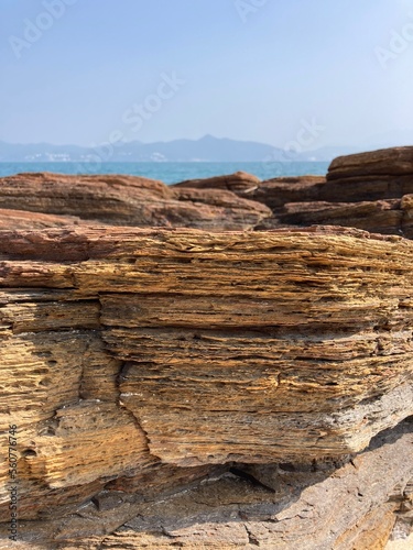 yellowish sedimentary rocks in tung ping chau  hong kong - in vertical