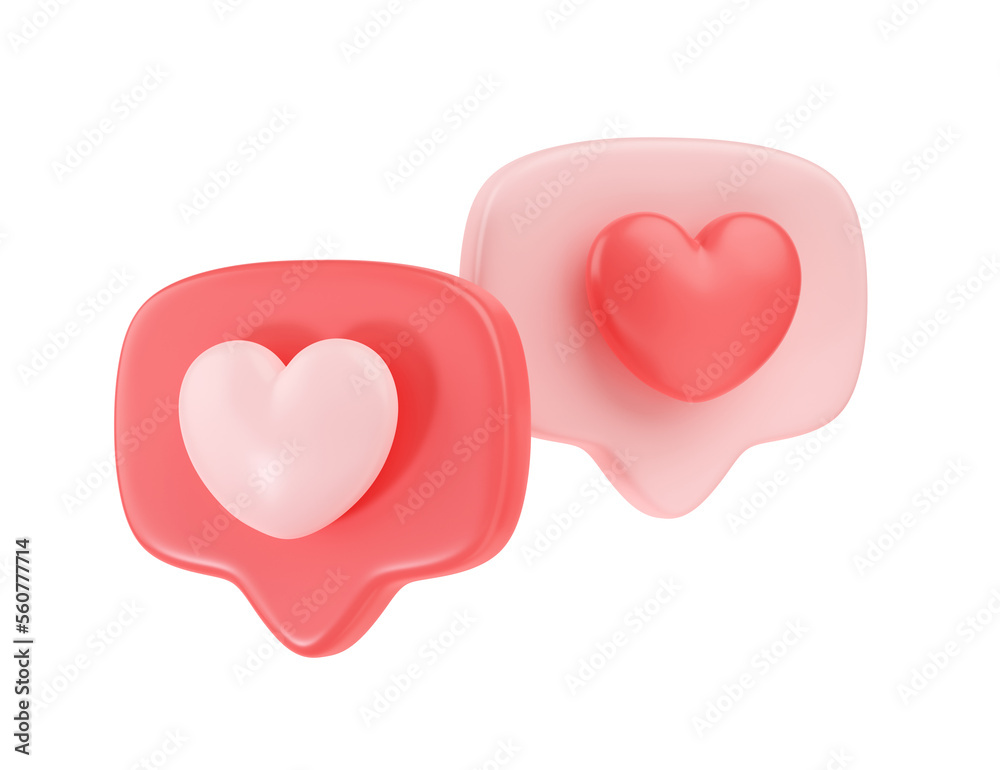 3d social media love hearts icon render - two message red bubble for chat and network speech on mobile phone