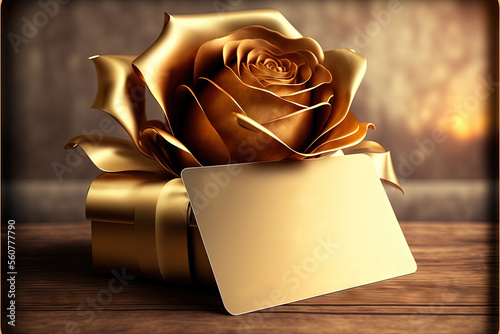  a gold rose with a price tag on it sitting on a table next to a candle and a card with the words 100 pree gad gad on it, on it,.  generative photo