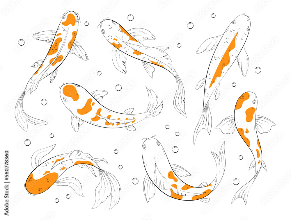 Koi carp fishes. Vector icon set of hand drawn traditional japanese gold carp in pond with lotus, water lily. Japanese oriental garden with goldfish for posters, cards, banners, book, pattern, web. 