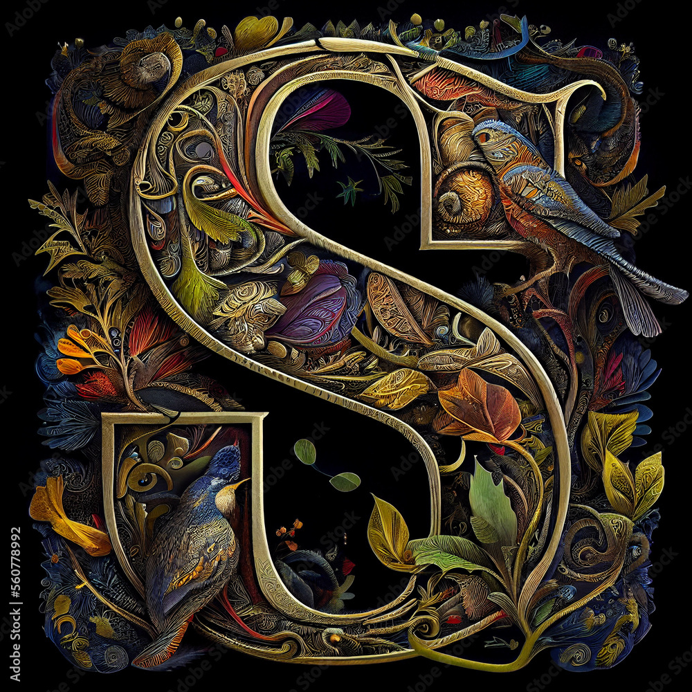 The letter S as an illuminated letter using various birds The letter S as an illuminated letter using various birds