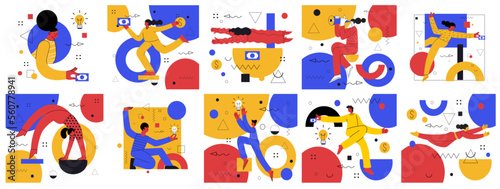 Teamwork flat vector illustrations set. Coworkers characters communication. Team building and business partnership concepts. Businessmen people and geometrical shapes cooperation, collaboration.